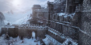 Movie still from “The Witcher” (2019), created by Lauren Schmidt Hissrich – An old castle with snow on it's walls; Extreme Wide shot, High angle
