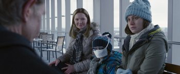 Movie still from “Room” (2015), directed by Lenny Abrahamson – Two women and a man wearing masks and sitting in a room; Medium shot, Over the shoulder angle