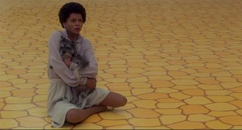 Movie still from “The Wiz” (1978), directed by Sidney Lumet – A woman sitting on the ground holding a cat; Wide shot, High angle