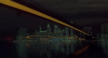 Movie still from “The Wiz” (1978), directed by Sidney Lumet – A night view of a city lit up with neon lights; Extreme Wide shot, Low angle