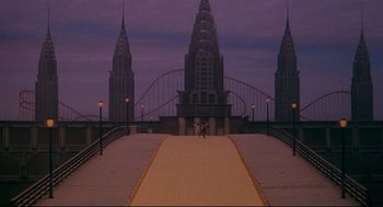 Movie still from “The Wiz” (1978), directed by Sidney Lumet – A bridge that has a bridge over it; Extreme Wide shot, High angle