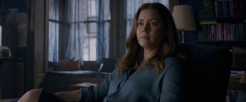 Movie still from “The Woman in the Window” (2021), directed by Joe Wright – A woman sitting in front of a window in a room; Medium shot, Over the shoulder angle