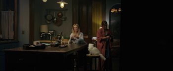 Movie still from “The Woman in the Window” (2021), directed by Joe Wright – Two women sitting at a table with a cat on a chair; Wide shot, High angle