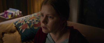 Movie still from “The Woman in the Window” (2021), directed by Joe Wright – A person sitting on a couch; Close Up shot, Over the shoulder angle