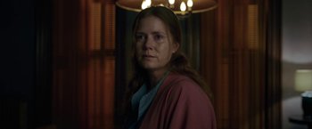 Movie still from “The Woman in the Window” (2021), directed by Joe Wright – A woman in a pink robe is looking at the camera; Close Up shot, Over the shoulder angle