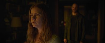 Movie still from “The Woman in the Window” (2021), directed by Joe Wright – A woman standing next to a man in a dark room; Close Up shot, Over the shoulder angle