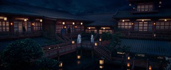 Movie still from “The Yin-Yang Master: Dream of Eternity” (2020), directed by Jingming Guo – Two people are walking on a bridge at night; Extreme Wide shot, High angle