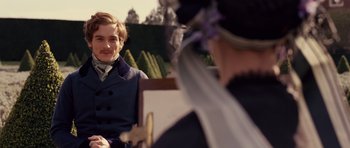 Movie still from “The Young Victoria” (2009), directed by Jean-Marc Vallée – A man and a woman dressed in period clothing; Medium shot, Over the shoulder angle