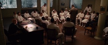 Movie still from “Shutter Island” (2010), directed by Martin Scorsese – A group of people sitting in a room; Wide shot, High angle