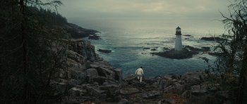 Movie still from “Shutter Island” (2010), directed by Martin Scorsese – A man standing on top of a cliff looking out at the ocean; Extreme Wide shot, High angle