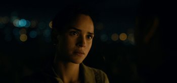 Movie still from “Triple Frontier” (2019), directed by J.C. Chandor – A person wearing a jacket; Close Up shot, Over the shoulder angle