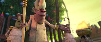 Movie still from “Trolls” (2016), directed by Mike Mitchell – An animated character is dressed as a chef; Medium shot, Low angle