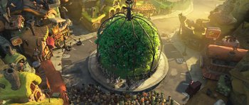 Movie still from “Trolls” (2016), directed by Mike Mitchell – A crowd of people gathered around a large green plant; Extreme Wide shot, High angle