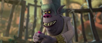 Movie still from “Trolls” (2016), directed by Mike Mitchell – An animated character is holding a pen in his hand; Close Up shot, High angle