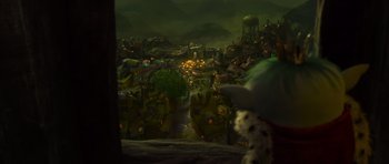 Movie still from “Trolls” (2016), directed by Mike Mitchell – A view of a city from a window; Extreme Wide shot, High angle