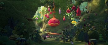 Movie still from “Trolls” (2016), directed by Mike Mitchell – An image of an animated scene with a lot of trees; Extreme Wide shot, High angle