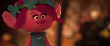 Movie still from “Trolls” (2016), directed by Mike Mitchell – A stuffed animal troll; Close Up shot, Over the shoulder angle