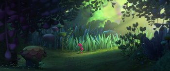Movie still from “Trolls” (2016), directed by Mike Mitchell – An image of an animated scene with a pink creature; Extreme Wide shot, High angle
