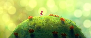 Movie still from “Trolls” (2016), directed by Mike Mitchell – An illustration of a grassy hill with flowers and plants on it; Extreme Wide shot, High angle