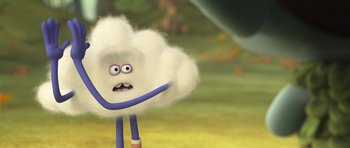 Movie still from “Trolls” (2016), directed by Mike Mitchell – A fluffy cloud with a sad face on it's head; Medium shot, Low angle