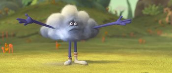Movie still from “Trolls” (2016), directed by Mike Mitchell – An animated cloud with arms outstreched in a grassy field; Medium shot, Low angle