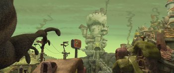 Movie still from “Trolls” (2016), directed by Mike Mitchell – An image of an animated scene with a castle in the background; Extreme Wide shot, Low angle