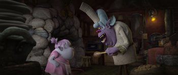 Movie still from “Trolls” (2016), directed by Mike Mitchell – A purple monster and a pink monster are in a room; Medium shot, Over the shoulder angle