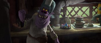 Movie still from “Trolls” (2016), directed by Mike Mitchell – A character from the animated movie , the emperor's new groove; Medium shot, Low angle