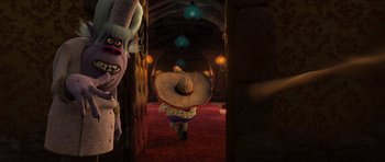 Movie still from “Trolls” (2016), directed by Mike Mitchell – An image of a person walking through a hallway; Wide shot, Over the shoulder angle