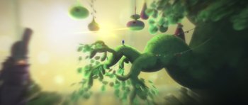 Movie still from “Trolls” (2016), directed by Mike Mitchell – An artistic rendering of a tree with a person sitting on top of it; Extreme Wide shot, Overhead angle