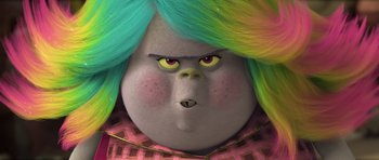 Movie still from “Trolls” (2016), directed by Mike Mitchell – The face of a troll doll; Close Up shot, Low angle