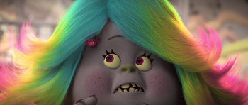 Movie still from “Trolls” (2016), directed by Mike Mitchell – An animated troll with a spider on its head; Close Up shot, Low angle