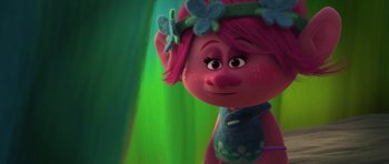 Movie still from “Trolls” (2016), directed by Mike Mitchell – A character from the movie trolls; Close Up shot, Over the shoulder angle