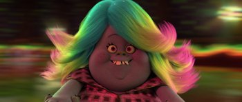 Movie still from “Trolls” (2016), directed by Mike Mitchell – A doll with a colorful wig; Close Up shot, Low angle