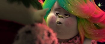 Movie still from “Trolls” (2016), directed by Mike Mitchell – The face of a troll doll; Extreme Close Up shot, Over the shoulder angle