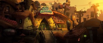 Movie still from “Trolls” (2016), directed by Mike Mitchell – An image of an animated movie setting with a lot of trees; Extreme Wide shot, High angle