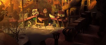 Movie still from “Trolls” (2016), directed by Mike Mitchell – An animated town with a lot of buildings and trees; Extreme Wide shot, High angle