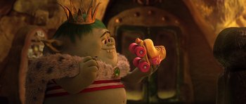 Movie still from “Trolls” (2016), directed by Mike Mitchell – A troll holding a pair of roller skates; Medium shot, Low angle