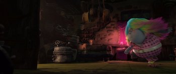 Movie still from “Trolls” (2016), directed by Mike Mitchell – An artistic rendering of a living room with a pink curtain; Wide shot, High angle