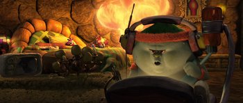 Movie still from “Trolls” (2016), directed by Mike Mitchell – An image of an animated scene with a person wearing headphones; Medium shot, High angle