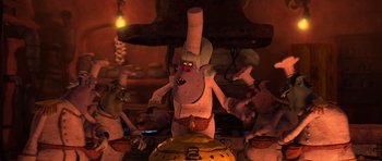 Movie still from “Trolls” (2016), directed by Mike Mitchell – An animated character is standing in front of a pot; Medium shot, High angle