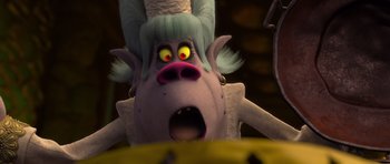 Movie still from “Trolls” (2016), directed by Mike Mitchell – A stuffed animal with its eyes wide open; Close Up shot, High angle