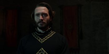 Movie still from “Vikings: Valhalla” (2022), created by Jeb Stuart – A man with a beard wearing a black and gold outfit; Close Up shot, Low angle