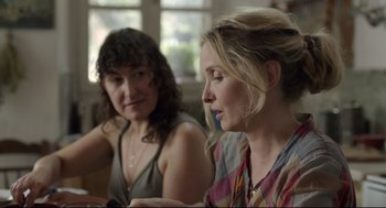 Movie still from “Before Midnight” (2013), directed by Richard Linklater – Two women sitting at a table looking at a phone; Close Up shot, Over the shoulder angle