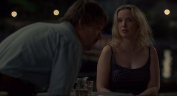 Movie still from “Before Midnight” (2013), directed by Richard Linklater – A man and a woman are sitting at a table; Medium shot, Over the shoulder angle