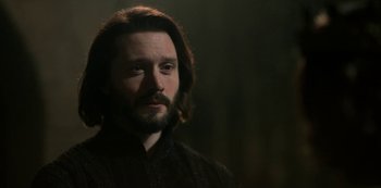 Movie still from “Vikings: Valhalla” (2022), created by Jeb Stuart – A person with long hair and a beard; Close Up shot, Over the shoulder angle