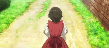 Movie still from “Violet Evergarden: The Movie” (2020), directed by Taichi Ishidate – A girl in a red dress walking down a dirt road; Medium shot, High angle