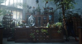 Movie still from “Wednesday” (2022), created by Miles Millar – An old wooden cabinet with many plants on top of it; Wide shot, High angle