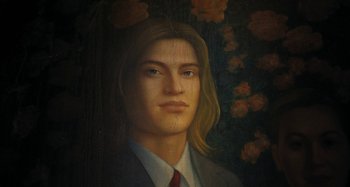 Movie still from “Wednesday” (2022), created by Miles Millar – A painting of a man with blonde hair and wearing a suit and red tie; Close Up shot, High angle