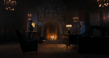 Movie still from “Wednesday” (2022), created by Miles Millar – Wide shot, Over the shoulder angle